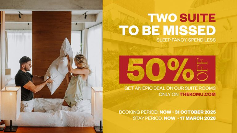 Celebrate The Komu’s 2nd Anniversary with 50% OFF Suite Rooms! Enjoy free beach club access, dreamy suite mornings & more. Limited-time deal — book 18–31 October 2025!