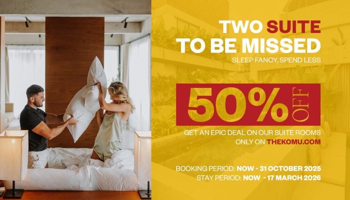 Celebrate The Komu’s 2nd Anniversary with 50% OFF Suite Rooms! Enjoy free beach club access, dreamy suite mornings & more. Limited-time deal — book 18–31 October 2025!